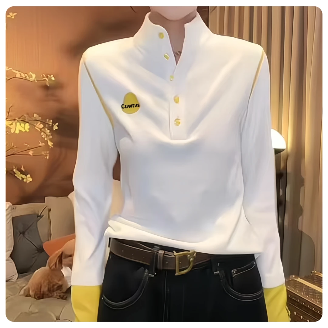 德绒保暖打底衫女2025春季新款刺绣纽扣拼色立领长袖休闲显瘦上衣