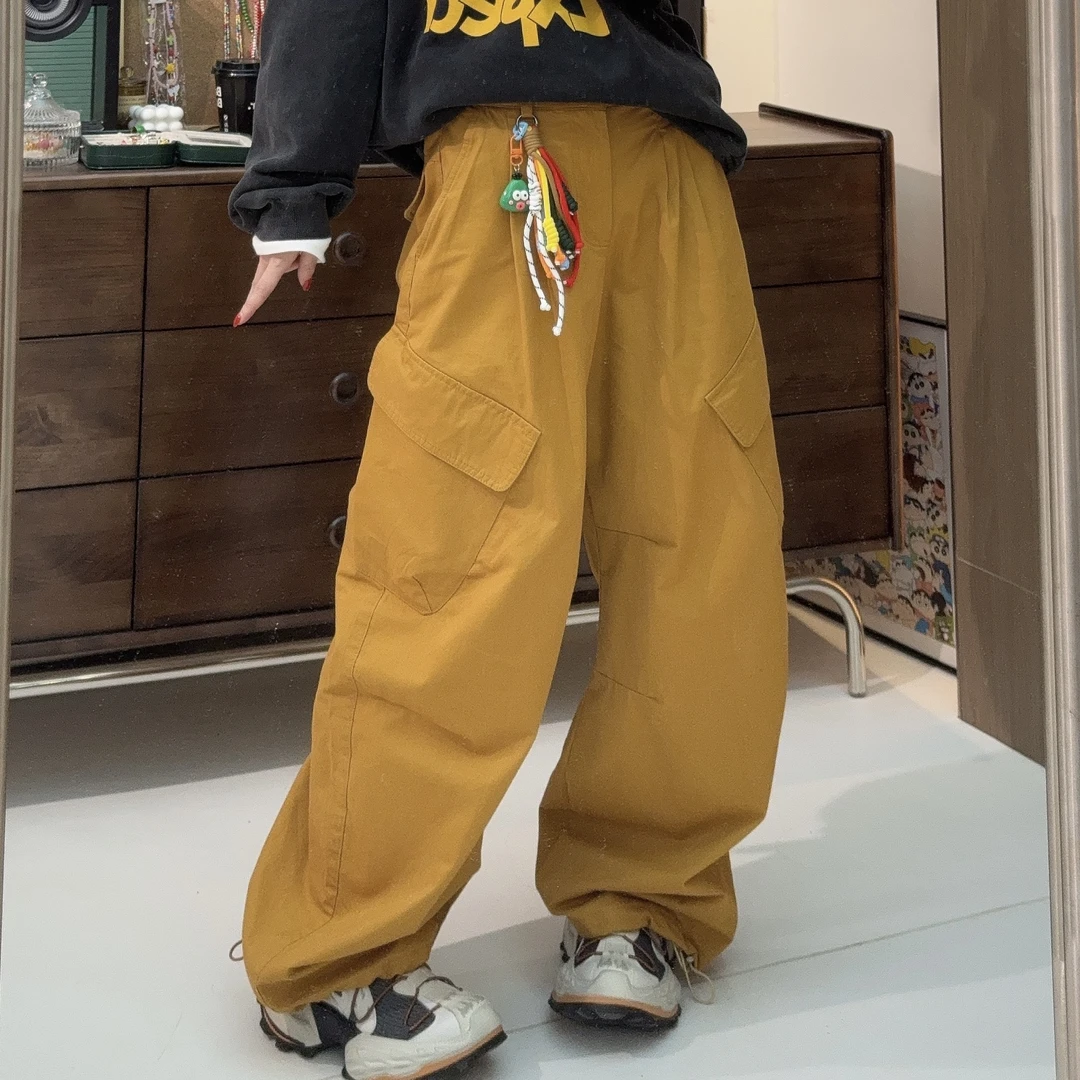 Apr.【彩绳裤】秋季新款大口袋猪鼻扣收脚阔腿直筒工装裤女25ST576