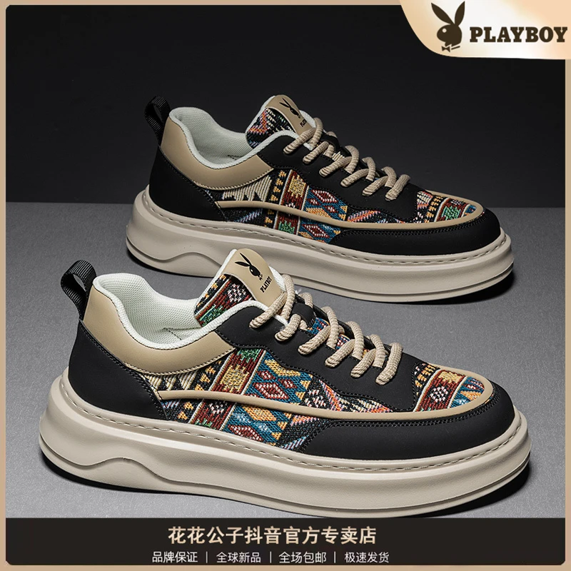 PLAYBOY/花花公子男鞋夏季透气休闲帆布板鞋运动软底增高黑色潮鞋