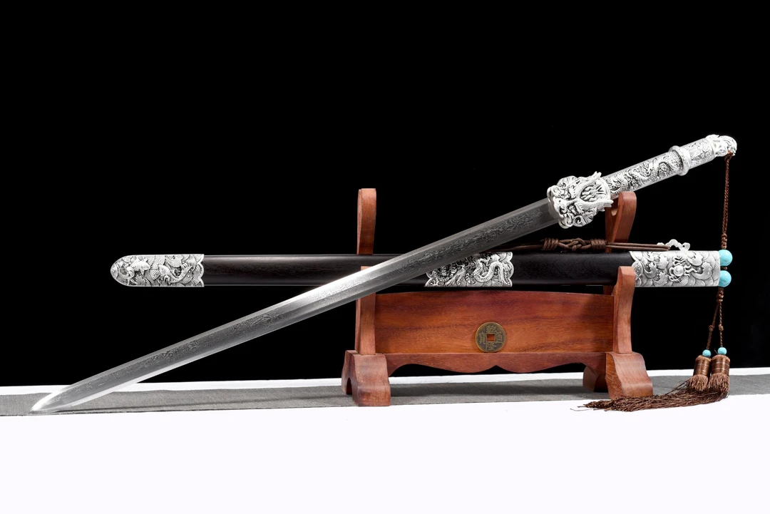 龙泉【龙王汉剑】-花纹钢 黑檀木  文玩收藏（未开刃）