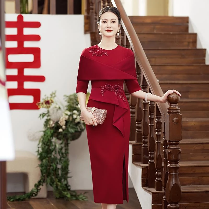 轻奢改良版旗袍2025新款秋季女妈妈礼服喜服喜婆婆婚宴装洋气红色