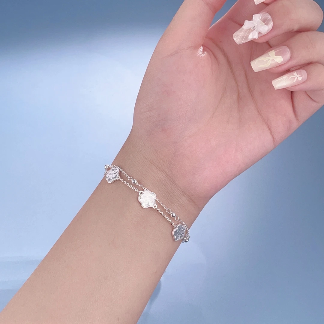 足银手链 【银烁】四叶草老花鱼鳞纹手链CNC精工时尚轻奢简约首饰