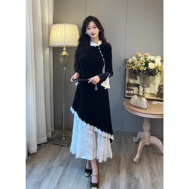 新中式国风改良旗袍连衣裙女2025秋季新款黑色金丝绒气质显瘦长裙