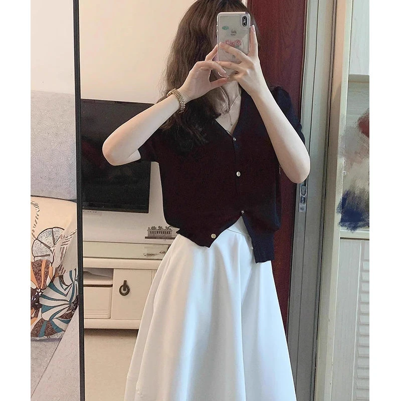 黑色短袖v领冰丝针织小开衫女夏季薄款收腰显瘦短款泡泡袖上衣t恤