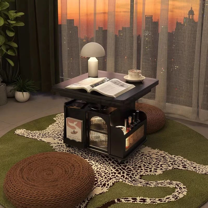 实木可移动茶几多功能可升降折叠边几推车中古风家用茶桌餐桌两用