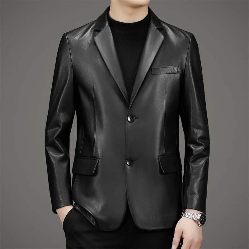 真皮头层胎牛皮西装修身皮夹克男士外套真皮皮衣男