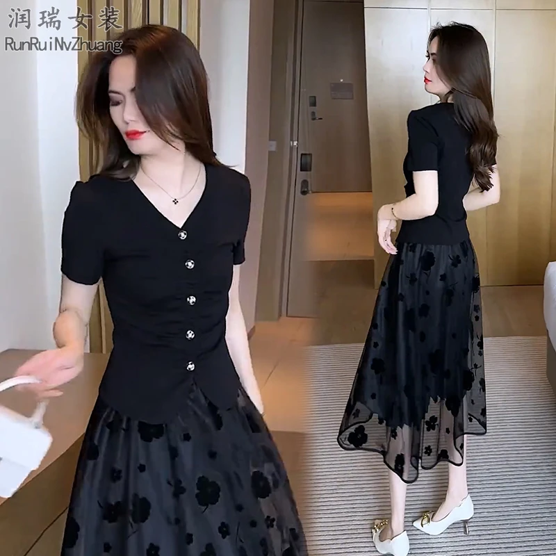 修身洋气夏季短袖小个子时尚套装通勤风法式裙子休闲风遮肚