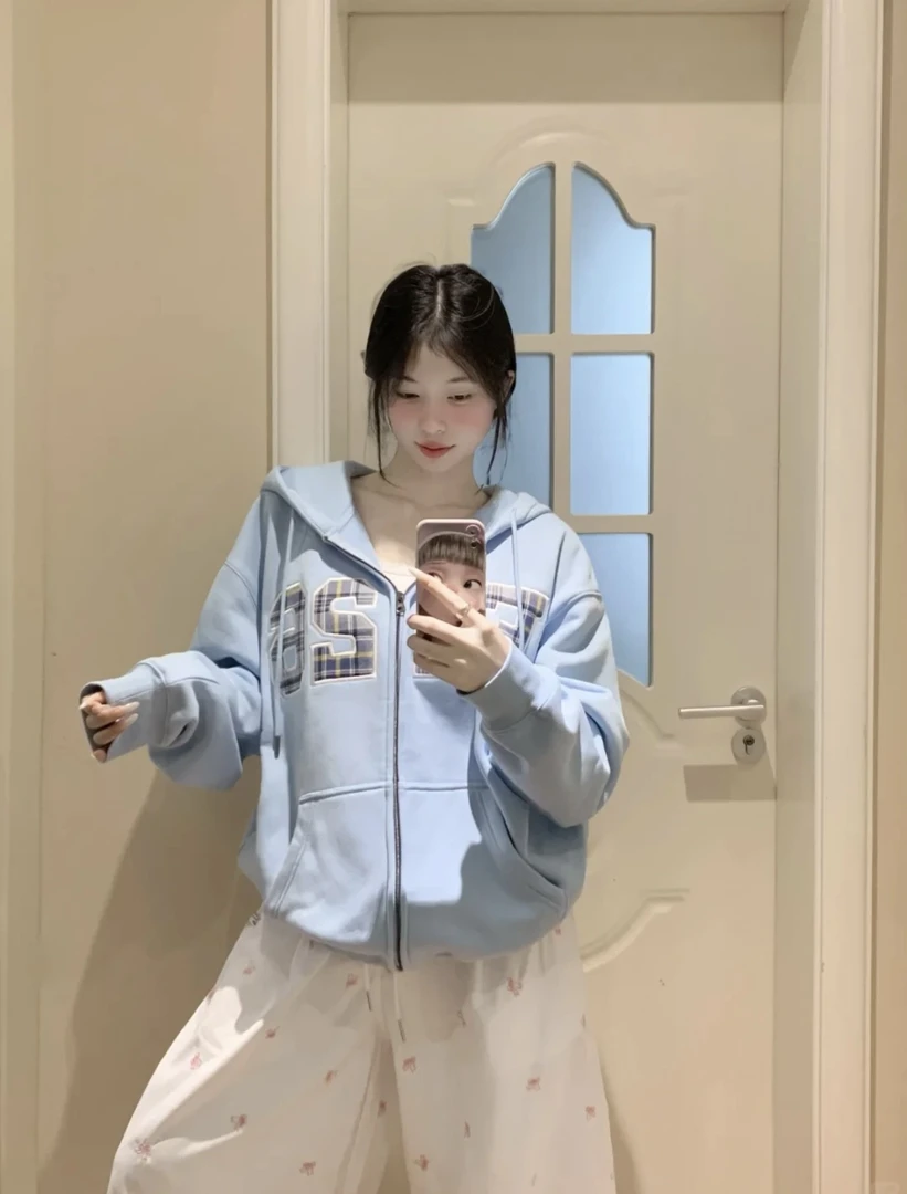 46格子连帽开衫baby蓝浮力款