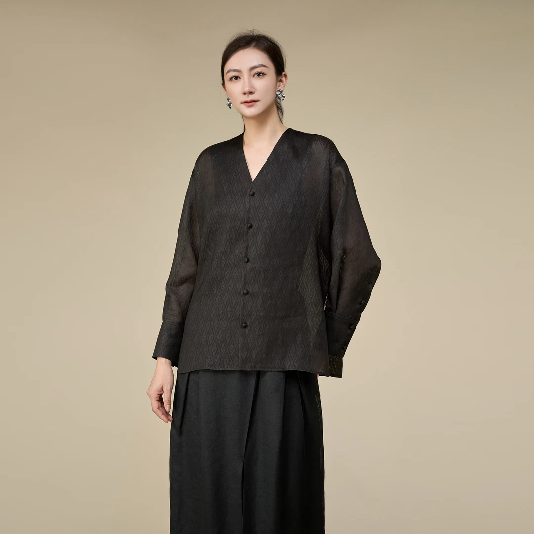 【栖香锦】 菱格纹 香云纱 新中式 国风 v领 上衣