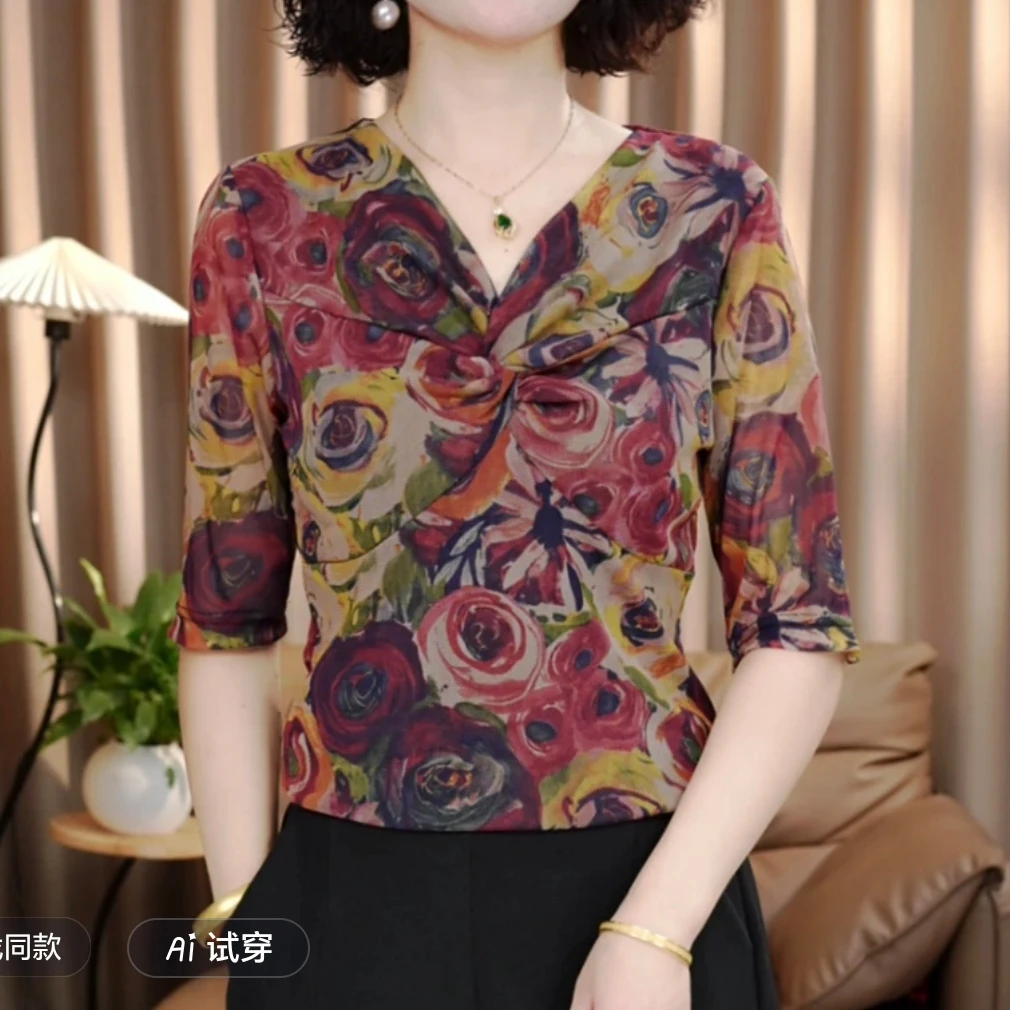 夏季百搭中袖飘带妈妈装女士气质小衫显瘦打底衫气质