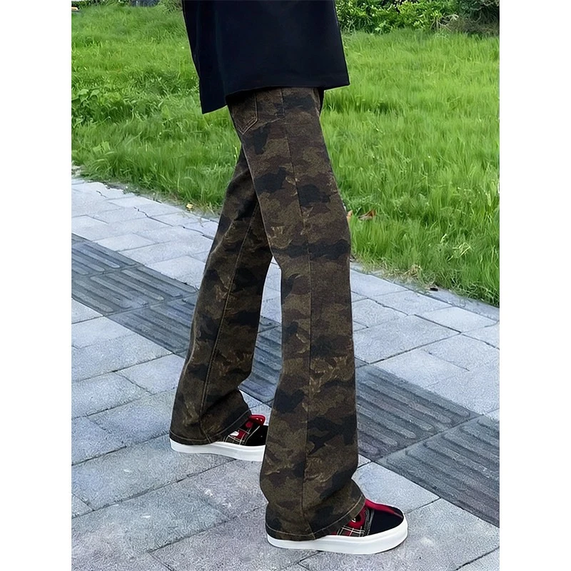 美式高街vibe风迷彩牛仔裤男潮牌cleanfit休闲裤子修身直筒微喇裤