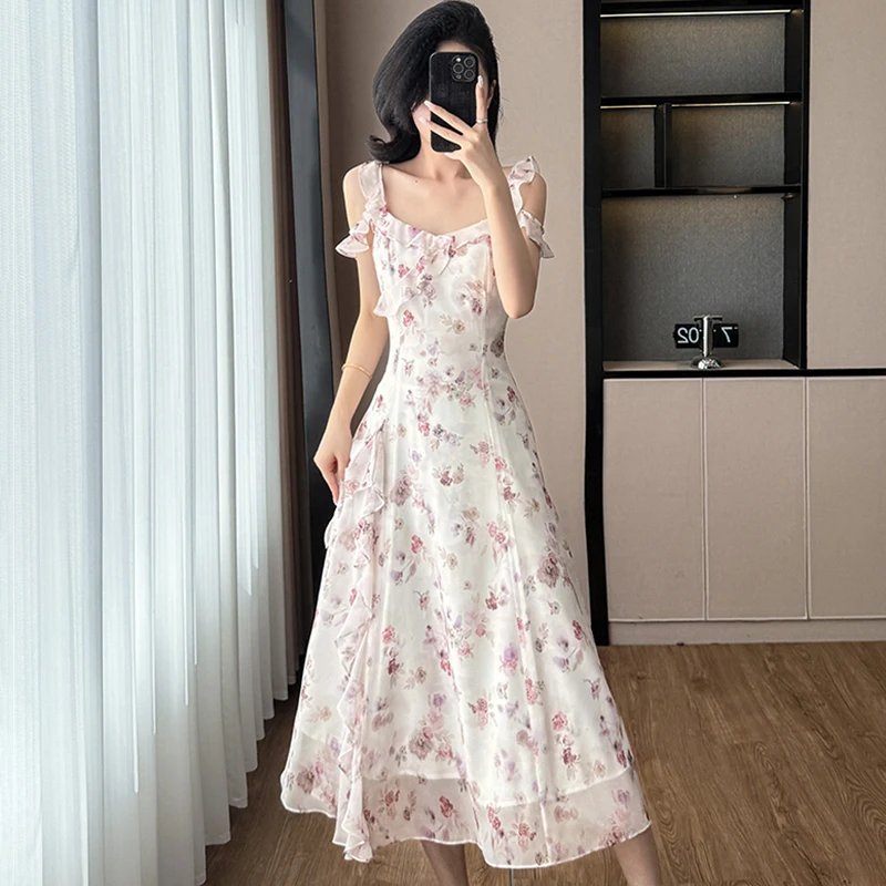 DUCURNO法式荷叶边碎花连衣裙女夏季2025新款小众收腰减龄A字裙子