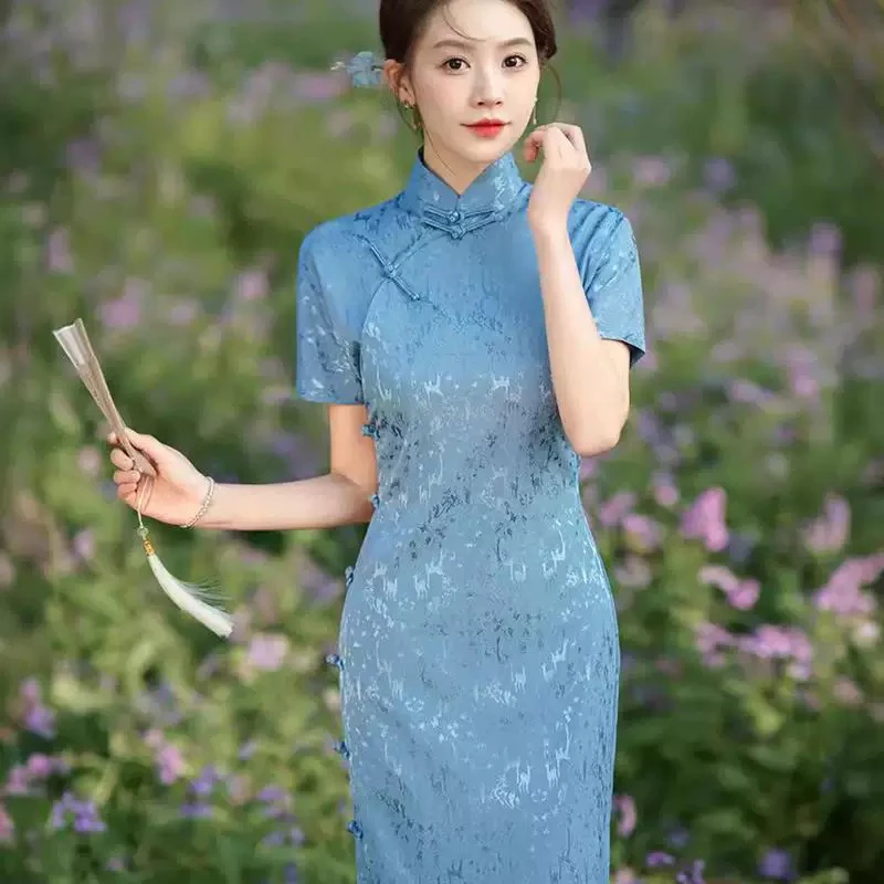 009 复古民国风新款蓝色少女改良旗袍年轻日常可穿新中式显瘦夏季