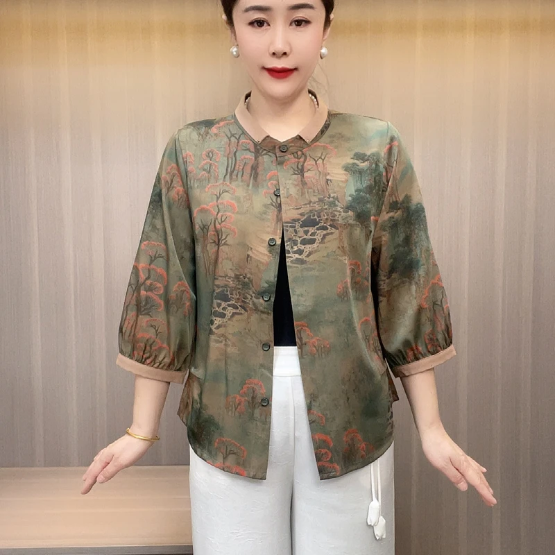 2521夏季新款优雅品质气质时尚中年妈妈t恤女士开衫精品七分袖