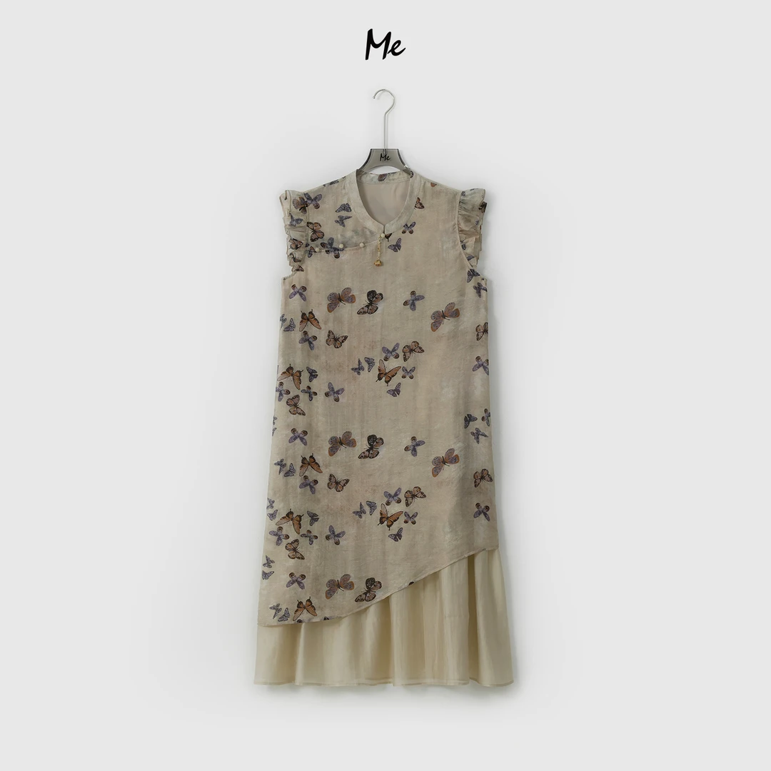 ME【花蝶旗袍】天丝混纺新中式木耳边显瘦时尚百搭连衣裙MESS6791