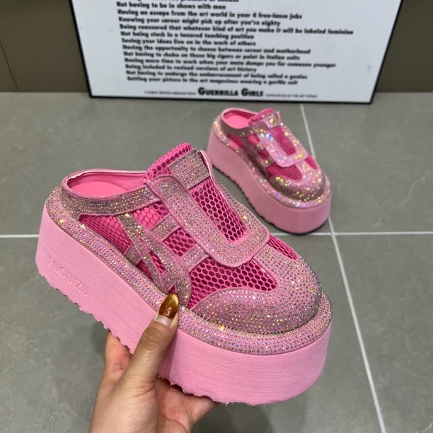 主播推荐2025年（小仙女）986-8厚底6公分小个子重工欧根纱彩钻拖鞋