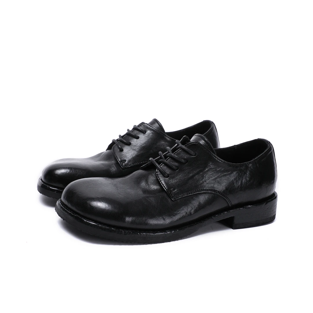 水洗马皮手工鞋英伦风百搭复古做旧厚底系带大头德比鞋圆头