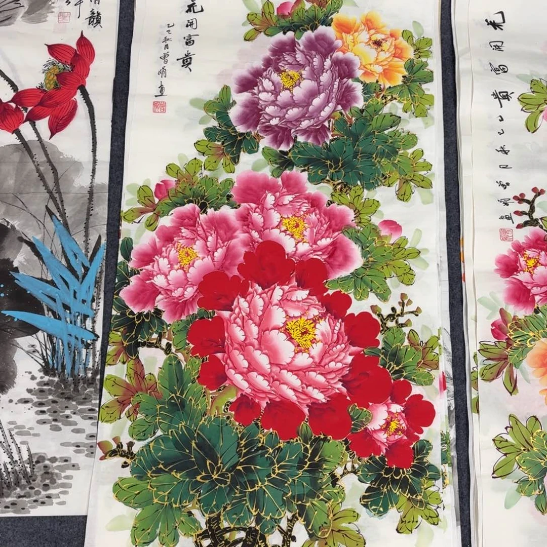 国画100×50千层金线牡丹手绘画