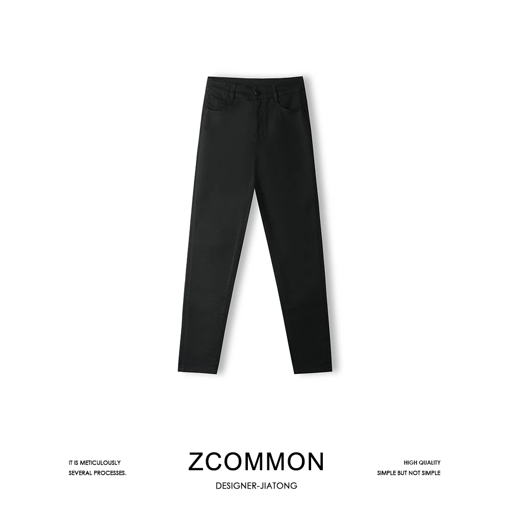 Z common高腰紧身显瘦薄绒小脚牛仔裤修身弹力黑色牛仔裤2307052