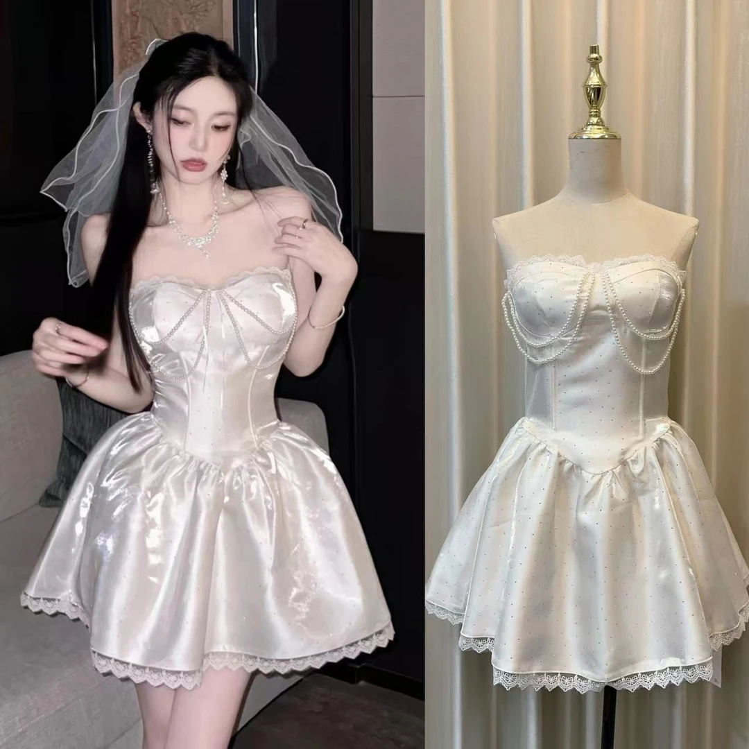 白色公主气质抹胸连衣裙女法式蓬蓬裙质感收腰气质生日短款礼服裙
