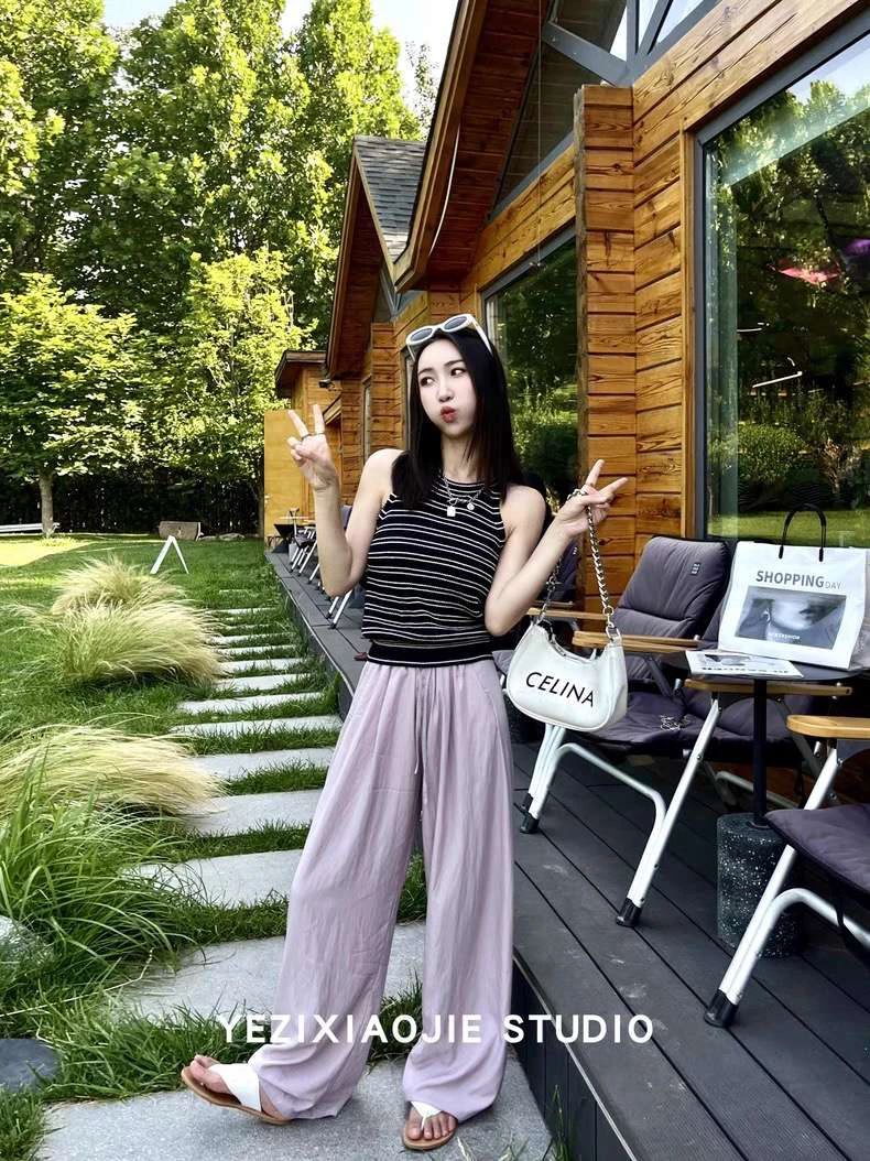 夏季女口袋款冰丝奶芙时尚显瘦阔腿裤