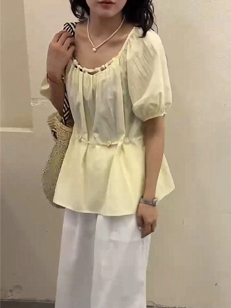 6808-夏季泡泡袖法式甜美显瘦衬衫褶皱韩版设计感衬衣小众