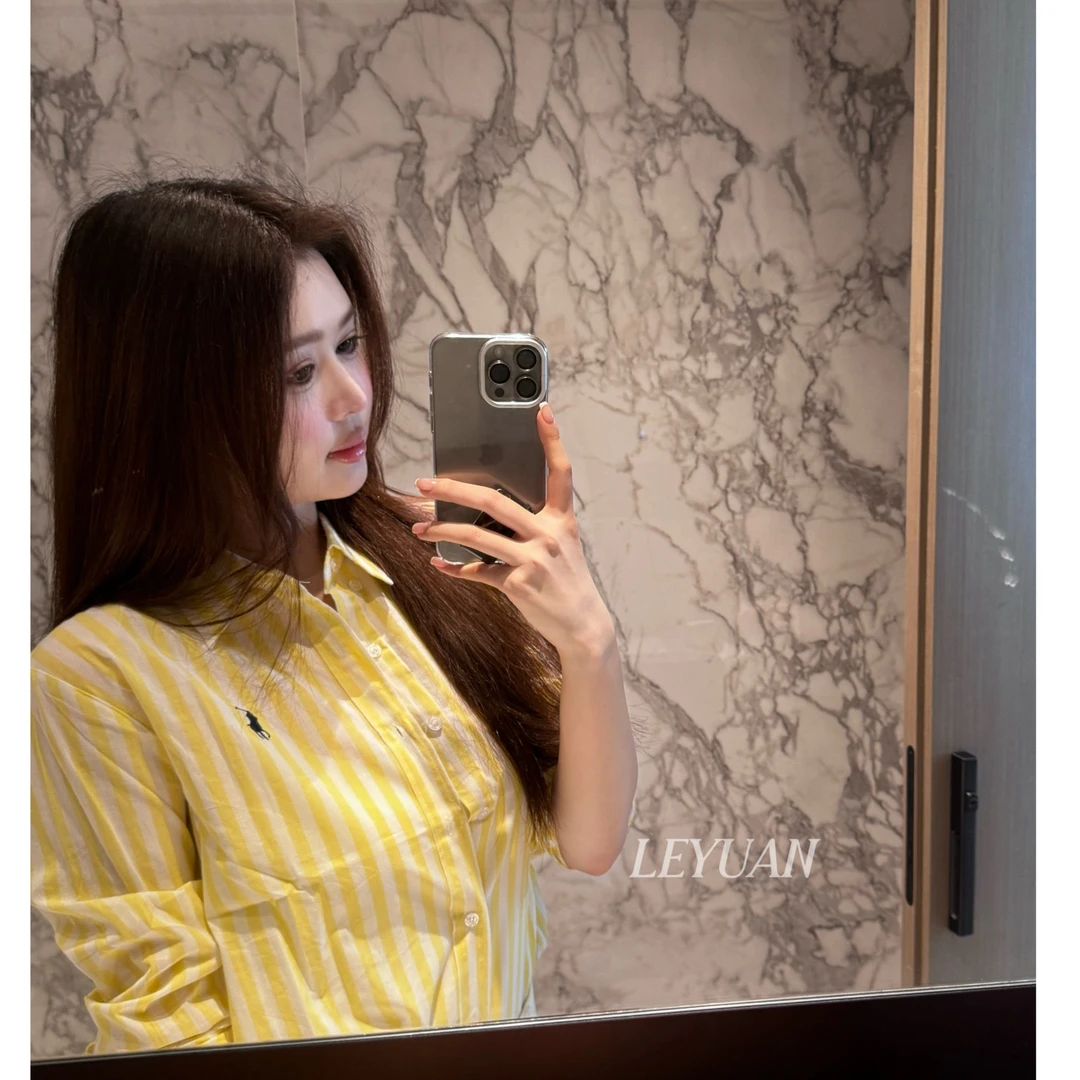 【鹅黄色】2025早秋棉麻衬衣女透气条纹女休闲黄色格子衬衫上衣