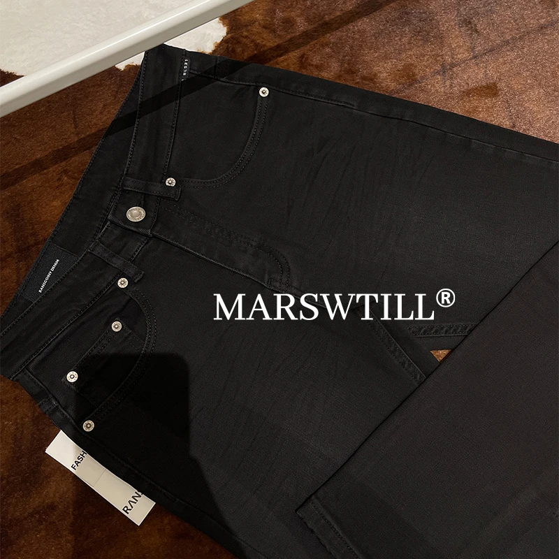 【MARSWTILL】黑色丨褶皱丨猫须丨中腰丨修身丨直筒丨牛仔裤男款
