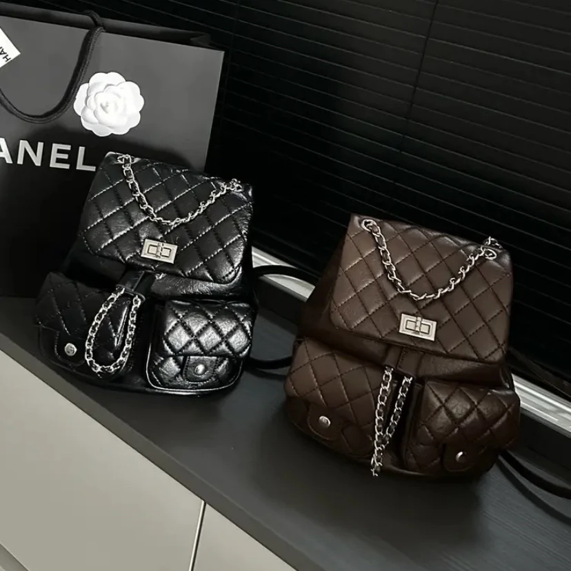 【高品质】小香风白月光双肩包时尚韩系ins质感重工菱格双口袋背包