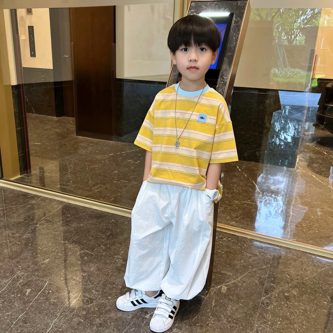 男童夏季休闲条纹T恤2025新款中大童韩版洋气短袖上衣男孩夏装潮