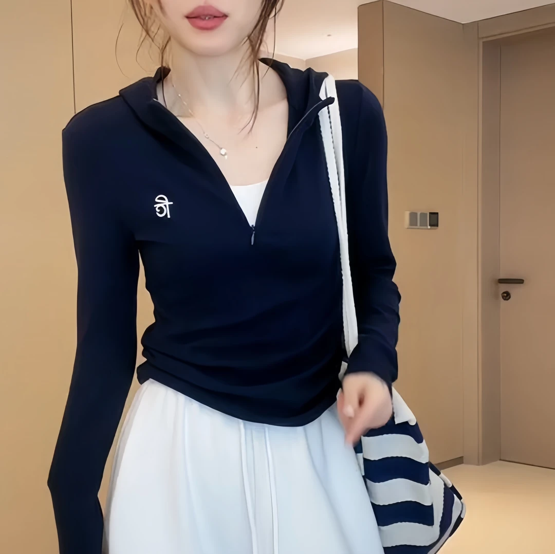 时尚连帽双头拉链打底衫女2025春秋新款刺绣拼接长袖修身显瘦上衣