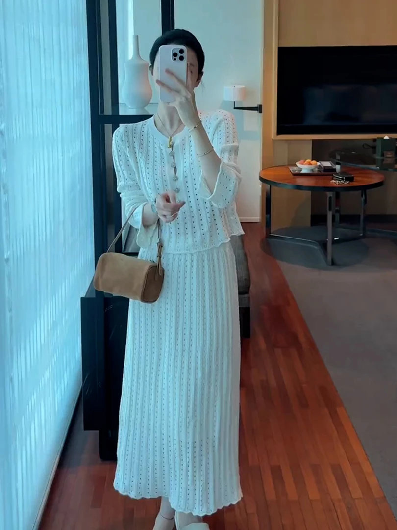 小香风气质镂空针织长袖上衣半裙女装2025早秋新款时髦休闲两件套