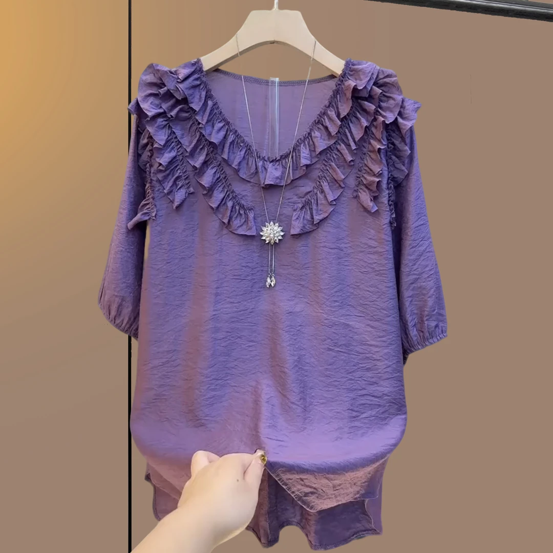 大码女装胖妹妹夏季荷叶边短袖宽松型衬衫打底衫小衫减龄上衣洋气