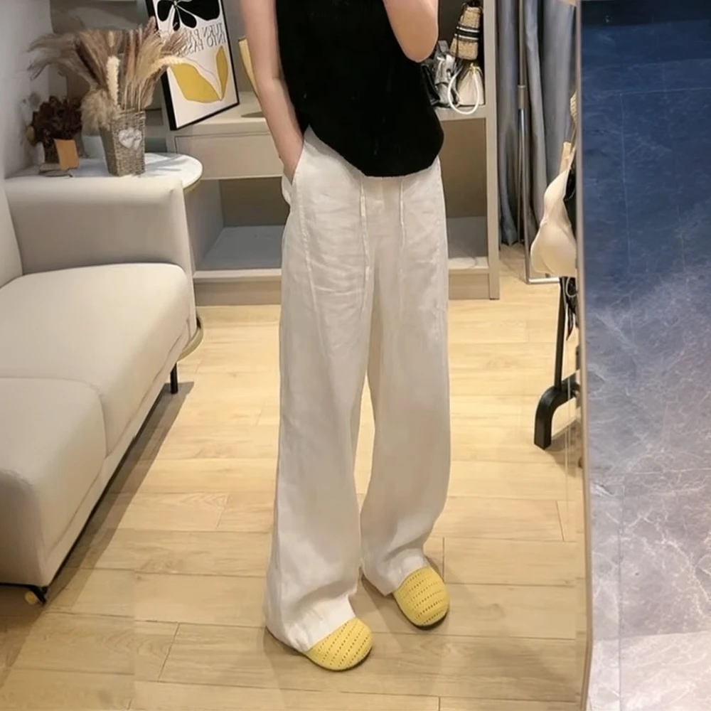 欧货白色亚麻阔腿裤女2025夏季薄款高腰宽松显瘦休闲直筒拖地裤子