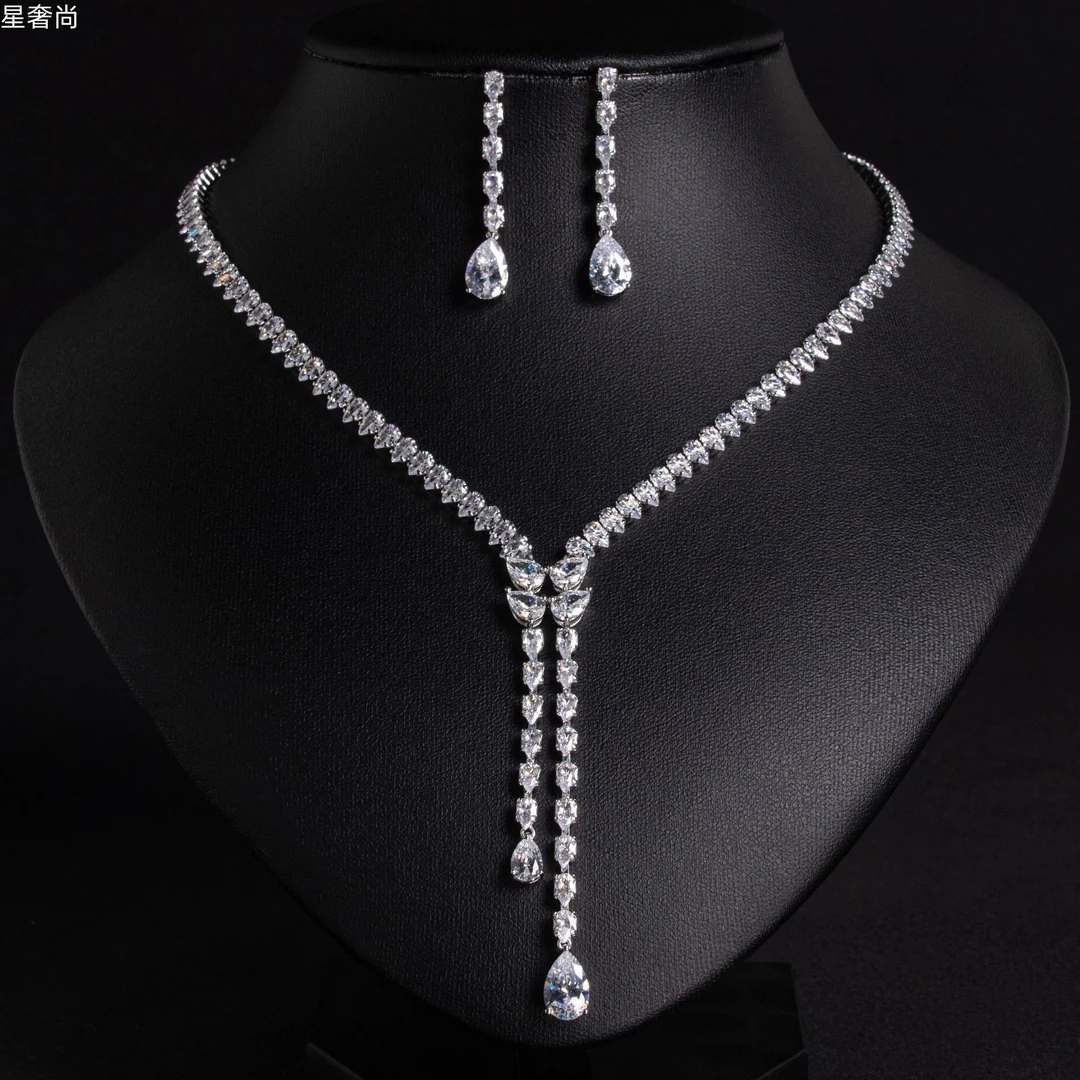 合金合成锆石耳饰 星奢尚 相随水滴项链耳环高档轻奢时尚洋气HJ