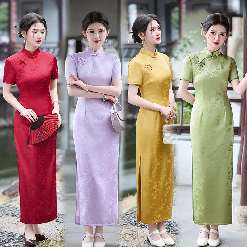 HA3745【10色可选】高考送考国风中式长款旗袍改良年轻款女复古短袖