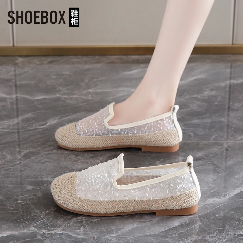 SHOEBOX鞋柜老北京布鞋女2025夏新款浅口一脚蹬平底蕾丝渔夫鞋
