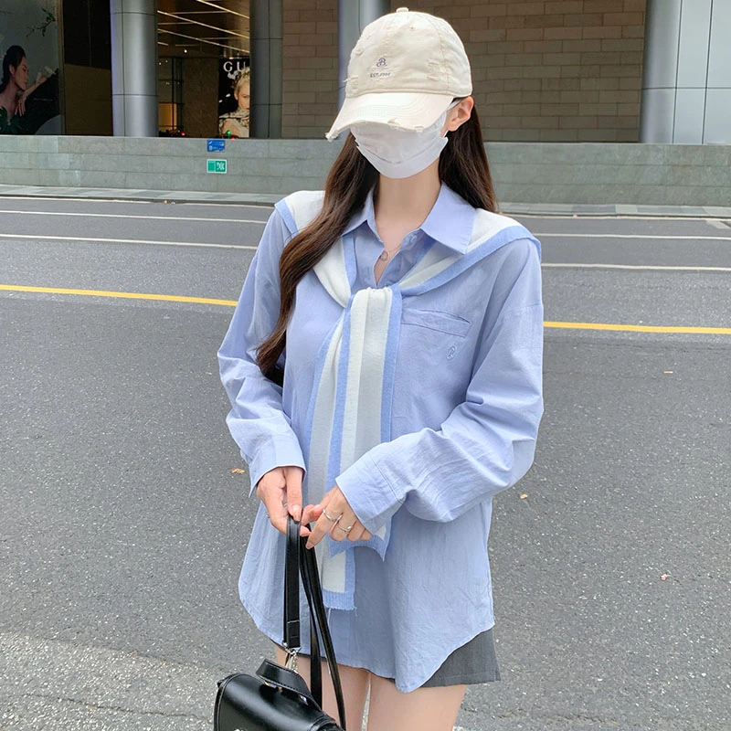 披肩衬衫外套蓝色橘色女春秋法式衬衣开衫叠穿休闲宽松长袖上衣