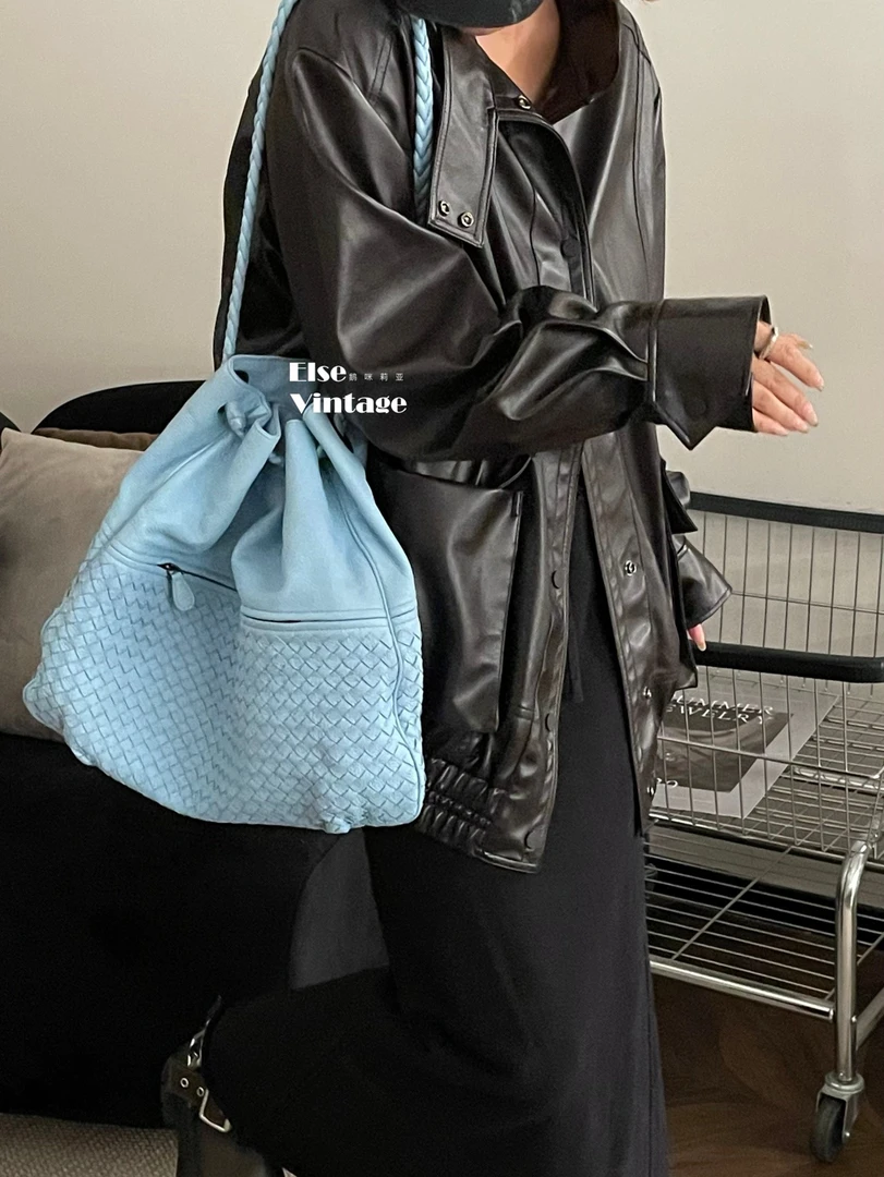95新 BOTTEGA VENETA/葆蝶家 BV双面编织baby蓝单肩包二手
