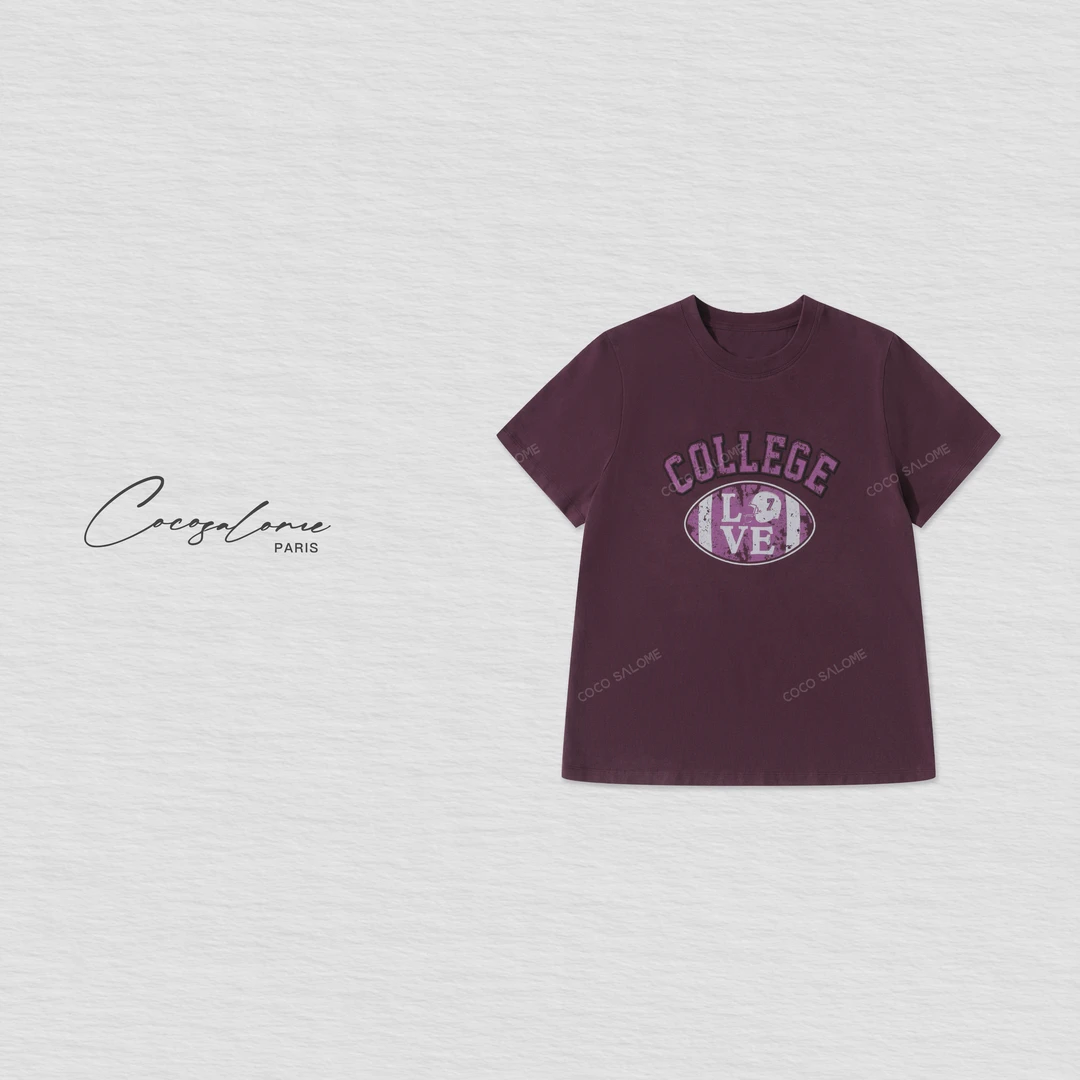 韩彬彬"糯米紫"重磅265g多巴胺纯棉字母印花肌理感透气T恤014Y-2