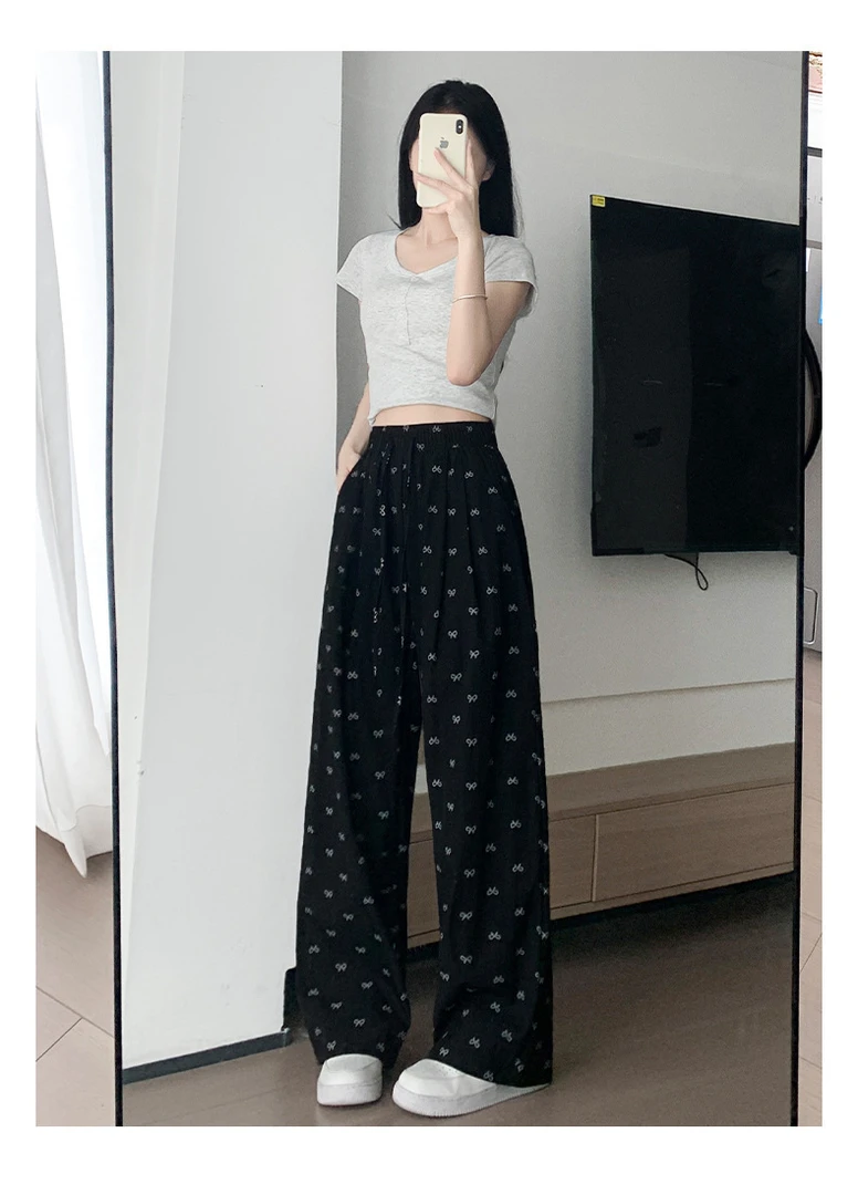 高腰休闲裤宽松慵懒风薄款夏季显瘦阔腿裤九分印花