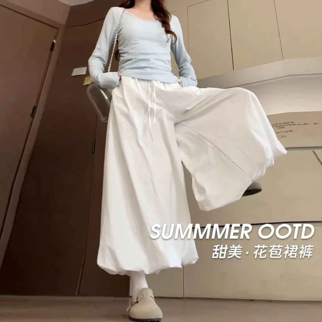 白色花苞裙裤半身裙女夏季新款休闲百搭高腰显瘦遮肚蓬蓬裙裤