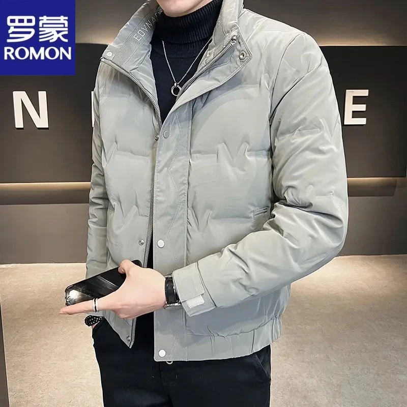 Romon/罗蒙冬季新款薄款轻薄羽绒服男士免洗压花加厚保暖立领外套