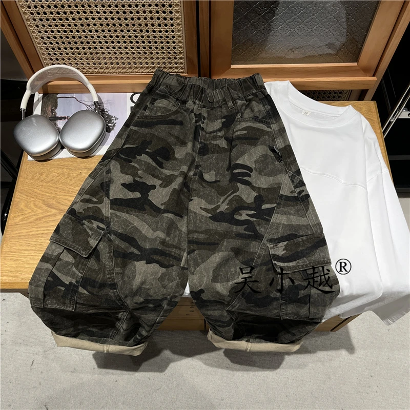 吴小越w1549男童休闲伞兵工装迷彩长裤男孩儿童中大童宽松潮款