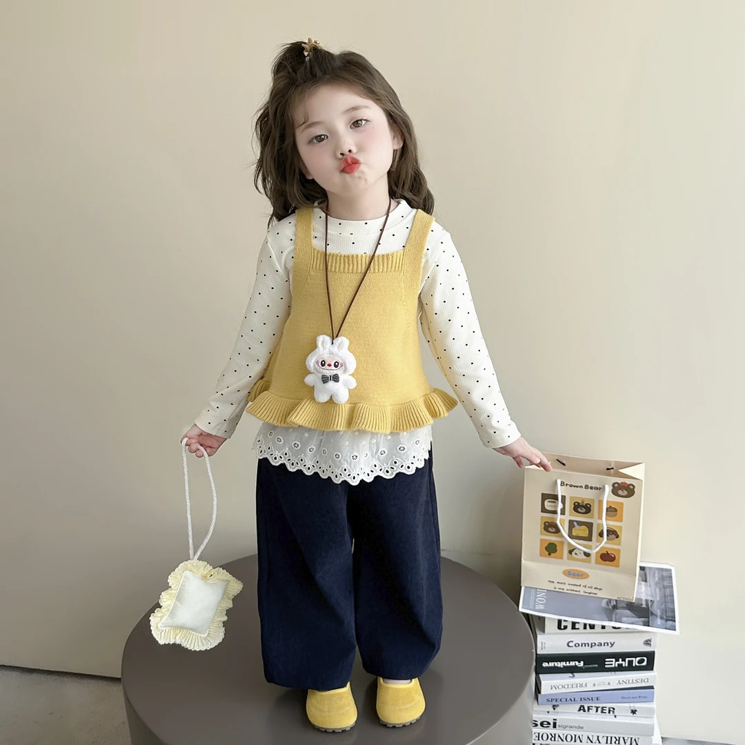 女童套装春秋新款衣服儿童女宝韩版洋气针织背心长裤三件套