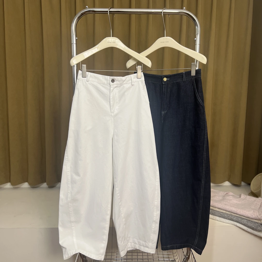 显瘦弯刀裤 春季新款深蓝色高腰香蕉裤牛仔半松紧腰直筒休闲裤女