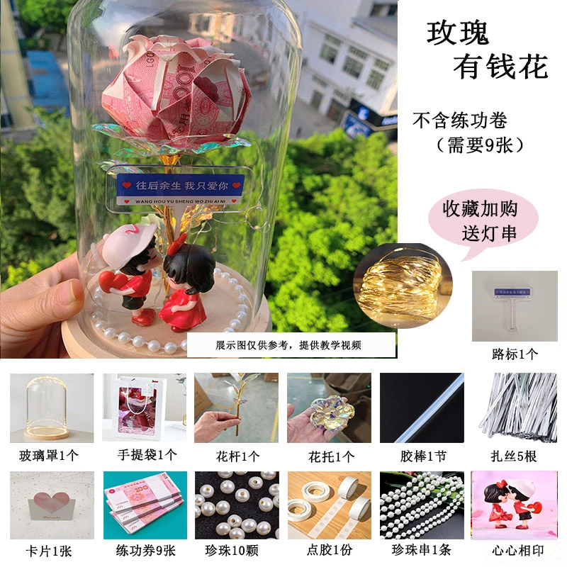 玻璃罩玫瑰有钱花创意手工DIY材料包适合作为生日礼物送女友妈妈