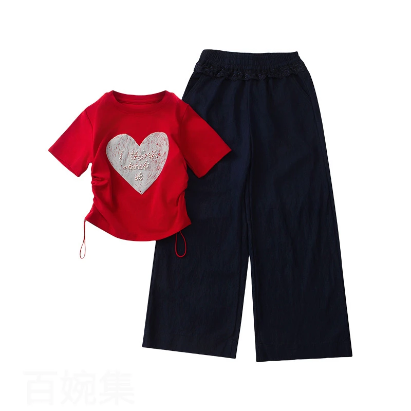 红色爱心透气吸湿排汗轻便女童休闲套装短袖裤子纯色上学送礼中大