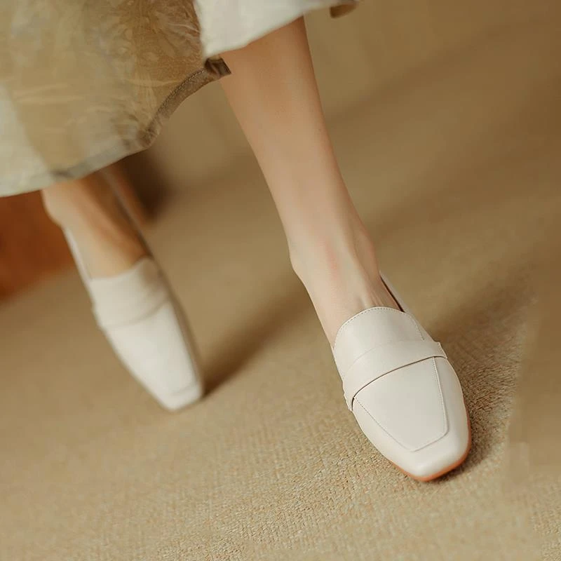 超软乐福鞋女白色气质法式2025早春新款女鞋粗跟方头高跟鞋复古