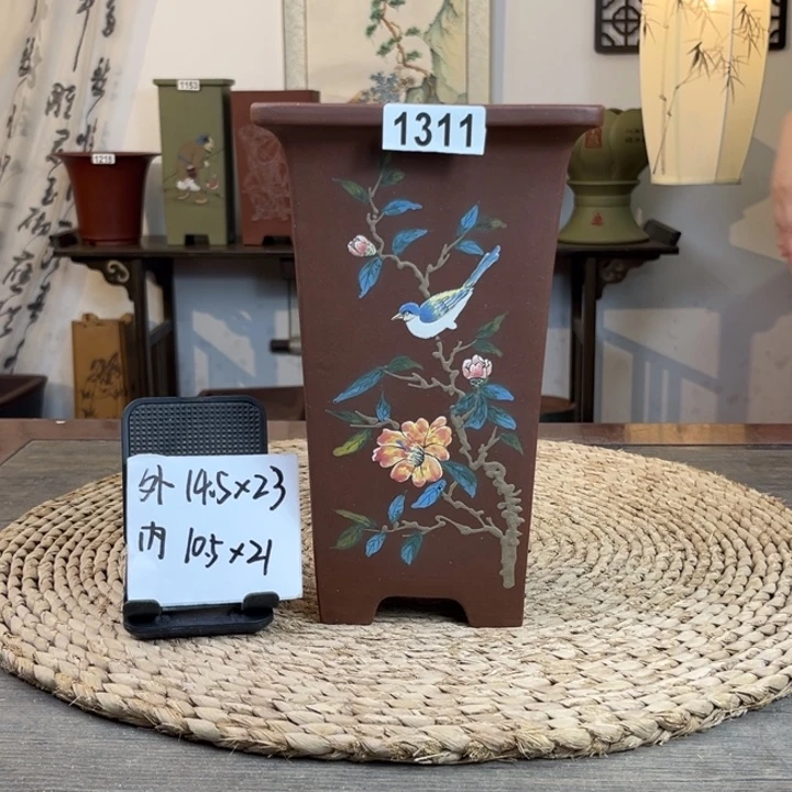 紫砂花盆  新品福利紫泥彩绘四方签筒1311